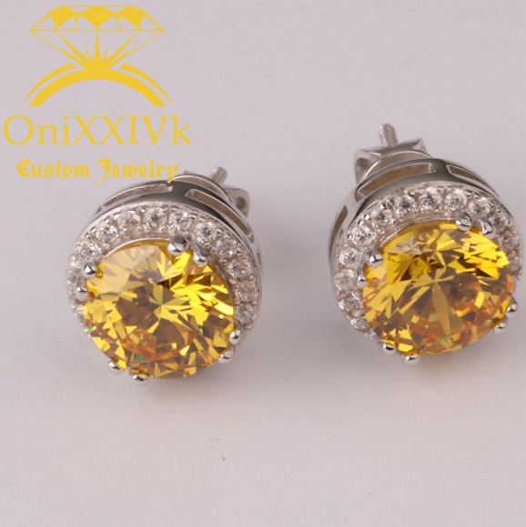 Iced Out 925 Silver Yellow Gem Stone Earrings - Picture 1 of 2